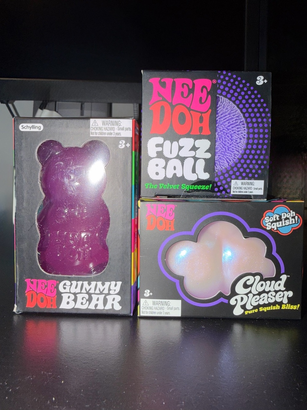 AUTHENTIC Schylling Purple Needoh Gummy Bear, Fuzz Ball & Cloud Pleaser bundle.